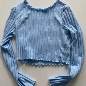 Ljusblå ribbad topp från SHEIN - Supersöt ljusblå långärmad topp från SHEIN med ribbat tyg och volangkant vid hals och nederdel. Croppad modell som sitter snyggt och är tillverkad i mjuk bomullsblandning med lite stretch. Perfekt för dig som gillar en enkel men trendig stil.