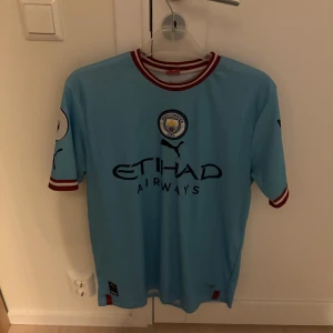 Manchester city fotbollströja - Säljer en ljusblå fotbollströja från Puma med korta ärmar och klubbmärke på bröstet. Tröjan har sponsorlogga och spelartryck med nummer 9 på ryggen. Perfekt för fotbollsfans!