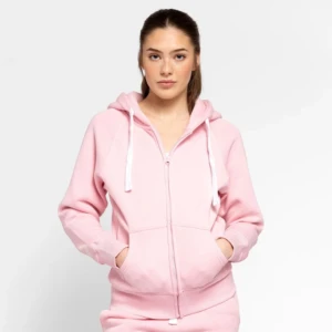 Ljusrosa hoodie med dragkedja - Säljer en ljusrosa hoodie med vit snörning och dragkedja framtill. Den är använd bara några fåtals gånger, så den är nästan helt som ny.