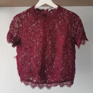 Vinröd spetsblus med dragkedja - Snygg vinröd spetstopp från Zara med korta ärmar och dragkedja i ryggen! ❤️ Tagit väl hand om den men kan vara nån enstaka tråd som sticker ut här o där (se bild 4 för det största jag kunde hitta) men inget som syns mycket när man har den på sig 