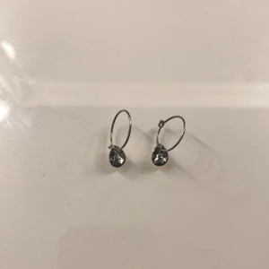 Silverfärgade örhängen med glittrande sten - Säljer ett par stilrena örhängen i silverfärg med rund, glittrande sten som hänger i små hoops. Perfekta för att ge en elegant touch till din look. Nytt pris 249:- Jag rengör alla örhängen innan jag skickar!! 