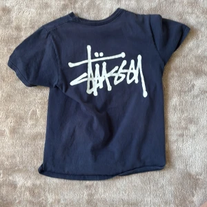 Mörkblå Stüssy t-shirt med logga - Snygg mörkblå t-shirt från Stüssy i bomull med klassisk vit Stüssy-logga på bröstet och stor logga på ryggen. T-shirten har korta ärmar och en avslappnad passform, perfekt för en streetwear-look.