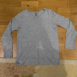 Grå långärmad tröja - En basic grå långärmad tröja i mjuk ekologisk bomullsmix. Tröjan har en enkel v-ringning och normal passform, perfekt för en chill och stilren look. Materialet är 95% bomull och 5% viskos. Har använts ett flertal gånger. 