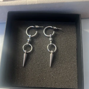 Silvriga örhängen med ringar och spikes - Fina silvriga örhängen,vet tyvärr ej var dom är ifrån. Men aldrig använda och i fint skick.