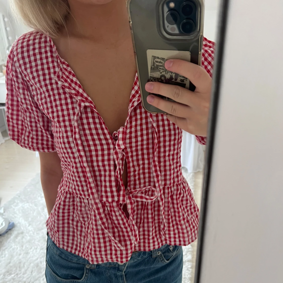 Gingham rutig röd blus med puffärm