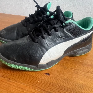 Puma Skor, Svart, EUR 41 - Svart Puma skor med vit rand och detaljer i mintgrön färg. Skorna har snörning och en sportig design. Perfekt för träning eller vardagsbruk. allt skick visas på bilderna.