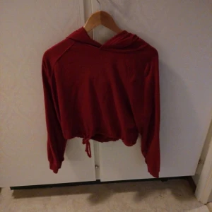 Röd croppad hoodie med snörning - Snygg röd hoodie med croppad passform och snörning i midjan. Tröjan har huva och långa ärmar, perfekt för en chill och avslappnad stil. Tillverkad i mjukt material som känns skönt mot huden.