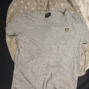 Grå t-shirt från Lyle & Scott - Säljer en ljusgrå t-shirt från Lyle & Scott Junior med klassisk passform. T-shirten har korta ärmar och en liten gul broderad logga på bröstet. Perfekt för en enkel och stilren look.