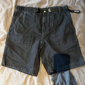 Svarta Palace shorts  - Säljer ett par svarta shorts från Palace med stora framfickor och en bakficka med dragkedja. Shortsen har bälteshällor och en klassiskt passform. Perfekta för sommaren och enkel stil. Finns även ”gömd” ficka på framsidan av shortsen.