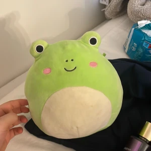 Squishmellow - Bilden visar en grön och vit mjukisgroda med rosa kinder och ett leende ansikte. Ingen sminkprodukt syns tydligt på bilderna.