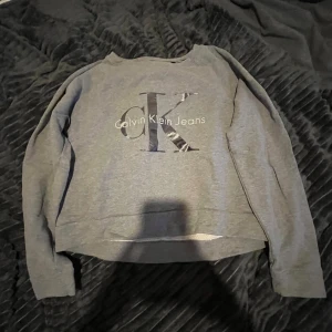 Grå sweatshirt från Calvin Klein  - Säljer en stilren grå sweatshirt från Calvin Klein Jeans med deras ikoniska logga på framsidan. Tröjan har långa ärmar och en rund halsringning. Perfekt för en avslappnad look. Storlek S men funkar också som M