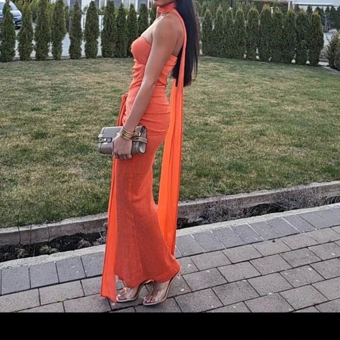 Orange långklänning med knyt - 2