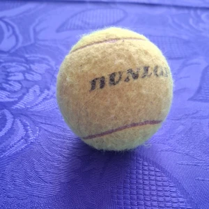 Gul tennisboll från Nunlop - En klassisk gul tennisboll från Nunlop med lila linjer och tryckt logga. Bollen är rund och tillverkad i filtmaterial, perfekt för tennis eller lek.