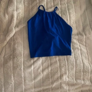 Blå croppad halterneck topp - Säljer en blå croppad halterneck topp med smala axelband och snygg snörning i ryggen. Perfekt för sommardagar och enkel att matcha med jeans eller kjol.