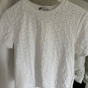 Vit broderad t-shirt från Zara - Säljer en jätte fin vit t-shirt från Zara med korta ärmar och broderade hålmönster över hela plagget. Den sitter super fint på och är i storlek S och har aldrig kommit till användning här. 