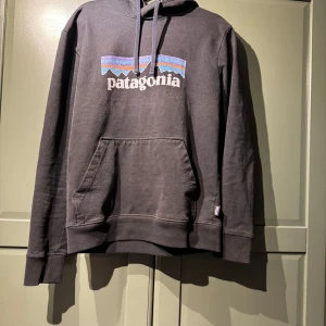 Svart Patagonia hoodie med logga - Svart hoodie från Patagonia i storlek S med klassisk logga och bergmotiv i blått, lila och rött på bröstet. Tröjan har huva med snörning, magficka och är tillverkad i en mjuk bomulls- och polyesterblandning. Perfekt för chill dagar eller när du vill ha en avslappnad stil.