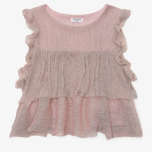 Glittrig rosa croppad blus från Francis - Säljer en glittrig rosa blus från Francis i croppad modell med volanger längs ärmlösa axlar och lager på lager-effekt. Toppen har rund hals och ett lätt, skimrande syntetmaterial som ger en lyxig vibe. Perfekt för dig som vill sticka ut med en söt och trendig look.