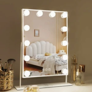 Sminkspegel med LED-belysning - Stor sminkspegel med vit ram och 12 runda LED-lampor runt spegeln. Spegeln har touchknappar på framsidan för att justera ljuset. Perfekt för sminkning och styling. Mått: 47x36,5 cm.