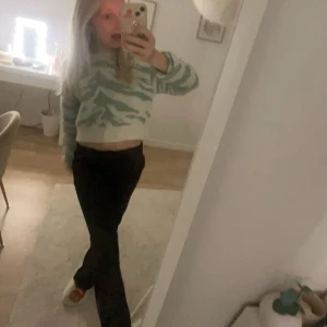 Grön och vit zebramönstrad stickad tröja ❤️😇 - Säljer en croppad stickad tröja med zebramönster i grönt och vitt. Tröjan har et litet litet hål i nacken som visas på sista bilden. Väldigt fint skick!🥰Pris kan diskuteras!!