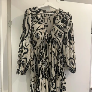 Plisserad långklänning med svartvitt mönster - Säljer en plisserad långklänning med svart och vitt abstrakt mönster. Klänningen har v-ringning, långa ärmar och volangdetalj upptill. Perfekt för dig som gillar unika prints och en luftig känsla. Klänningen är från hm och är använd 1 gång 