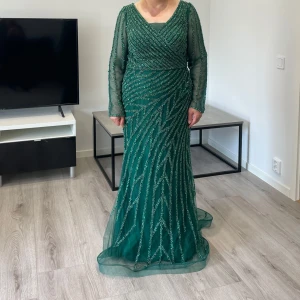 Grön långklänning med glittriga detaljer - Säljer en elegant grön långklänning med glittriga mönster och v-ringning. Klänningen har långa, transparenta ärmar och omlottliv. Perfekt för speciella tillfällen när du vill sticka ut.