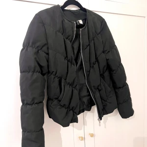 Svart pufferjacka med dragkedja - Säljer en svart pufferjacka med rund halsringning och silverfärgad dragkedja framtill. Jackan har lång ärm och är vadderad för extra värme. Perfekt för kyligare dagar och enkel att matcha med olika outfits.