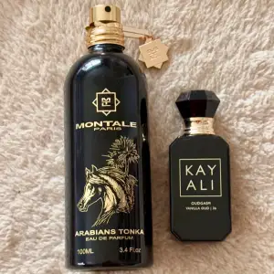 Två exklusiva parfymer: Montale Arabians Tonka 100 ml med toner av saffran, bergamott, oud och tonkaböna, samt Kayali Vanilla Oud 10 ml med en söt och kryddig doft av vanilj och oud. Säljes ihop för priset angivet i annonsen eller var för sig (Montale 1000 kr och Kayali 400 kr). Enbart testade. 