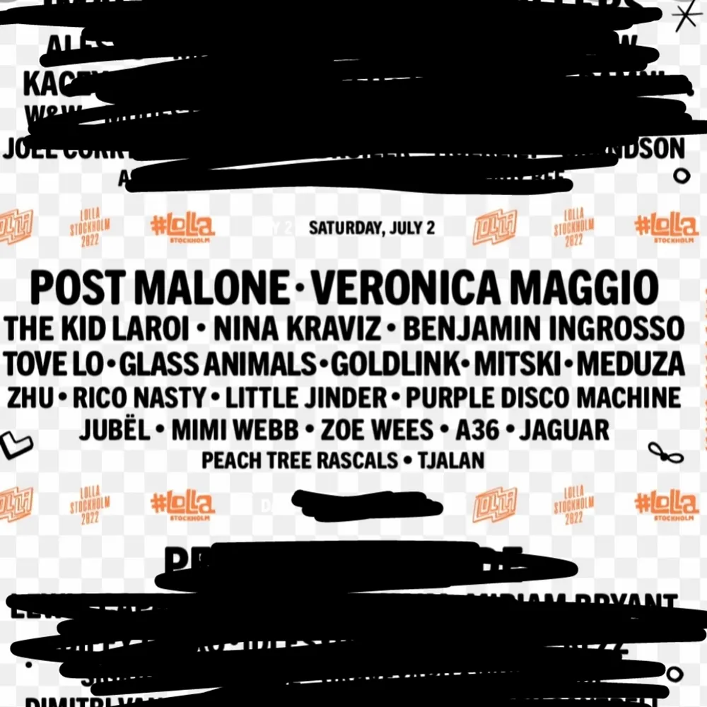 En dags biljett till Lollapalooza 2022 i Stockholm! Det sker Juli 2 där bland annat Post Malone och Veronica Maggio uppträder! Biljetten skickas via mail. Det går att diskutera pris, ordinarie pris ligger på 1266 kr 💜. Accessoarer.