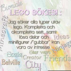 SÖKER LEGO! - Jag söker alla typer utav lego till mina barn, det ska bli julklappar . Allt kan vara av intresse om det är till ett bra pris, jag är långtidssjukskriven så ekonomin är riktigt kass. Skriv om du har något att sälja, byta eller skänka . 💙