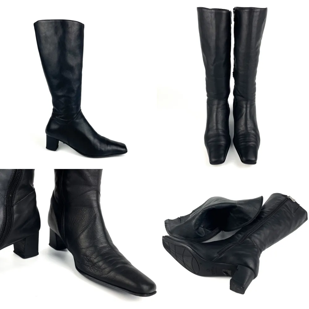 Vintage Y2K 90s 00s DANSI real leather narrow square toe block heel mid calf to knee high boots in black. Some scratches and marks, some creasing, the heels are a little chipped. Label 36, fit more like 36,5. Ask for full description. No returns.. Skor.