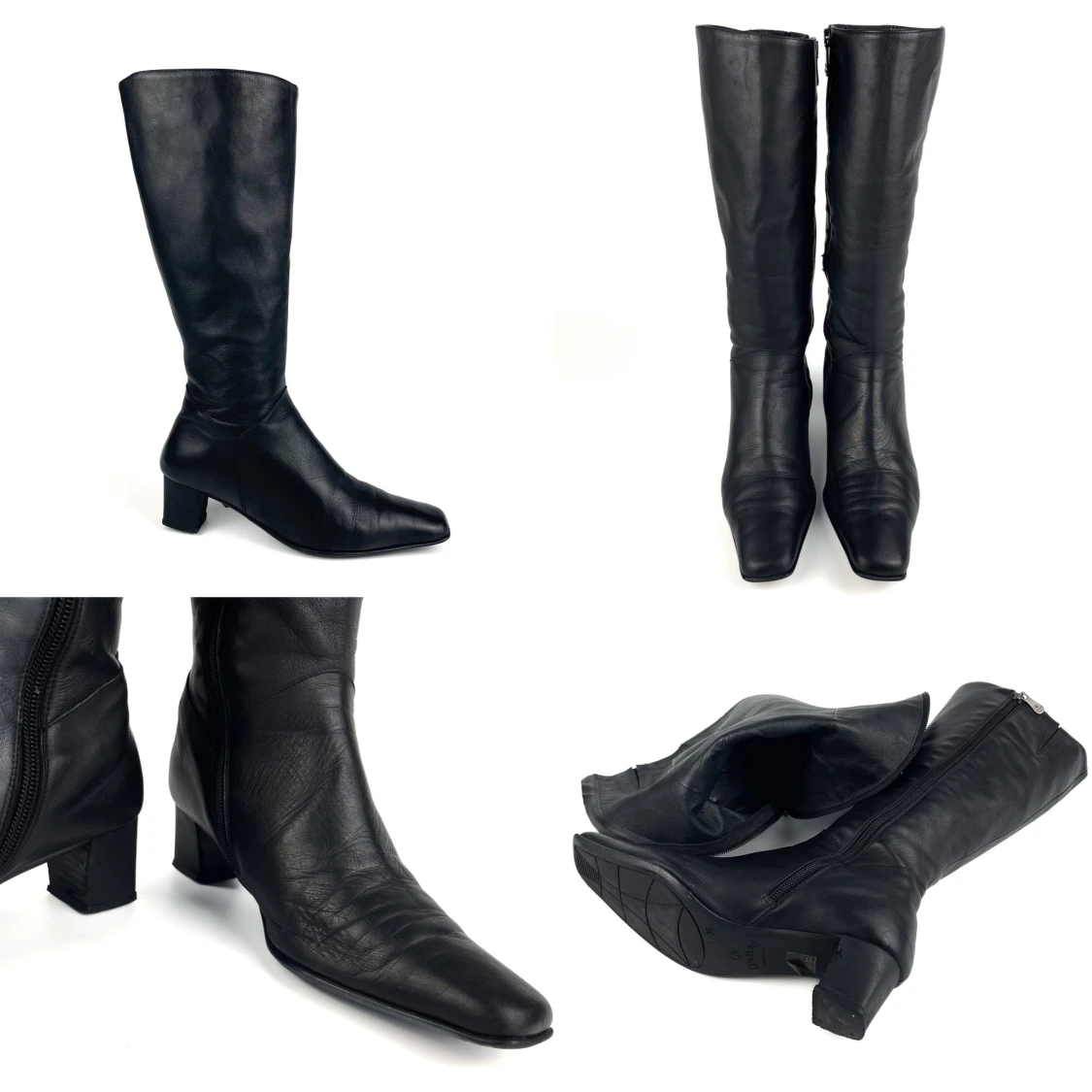 Vintage Y2K 90s 00s DANSI real leather narrow square toe block heel mid calf to knee high boots in black size 36,5 EU - 91