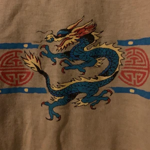 Träja med drake - Det är inte fläckar på baksidan utan tröjan ser bara ut så. Gammal och unik. I storlek M men sitter thight på mig så passar nog S bättre. 