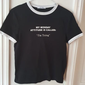 Svart tshirt med text - Svart tshirt med texten "my Monday attitude is called I'm trying". Vit krage och längst ut på ärmarna. Köpt på Zara ⭐ Oanvänd då den är liten i storleken ⭐ Kontakta vid frågor/intresse 💜 frakt inräknad