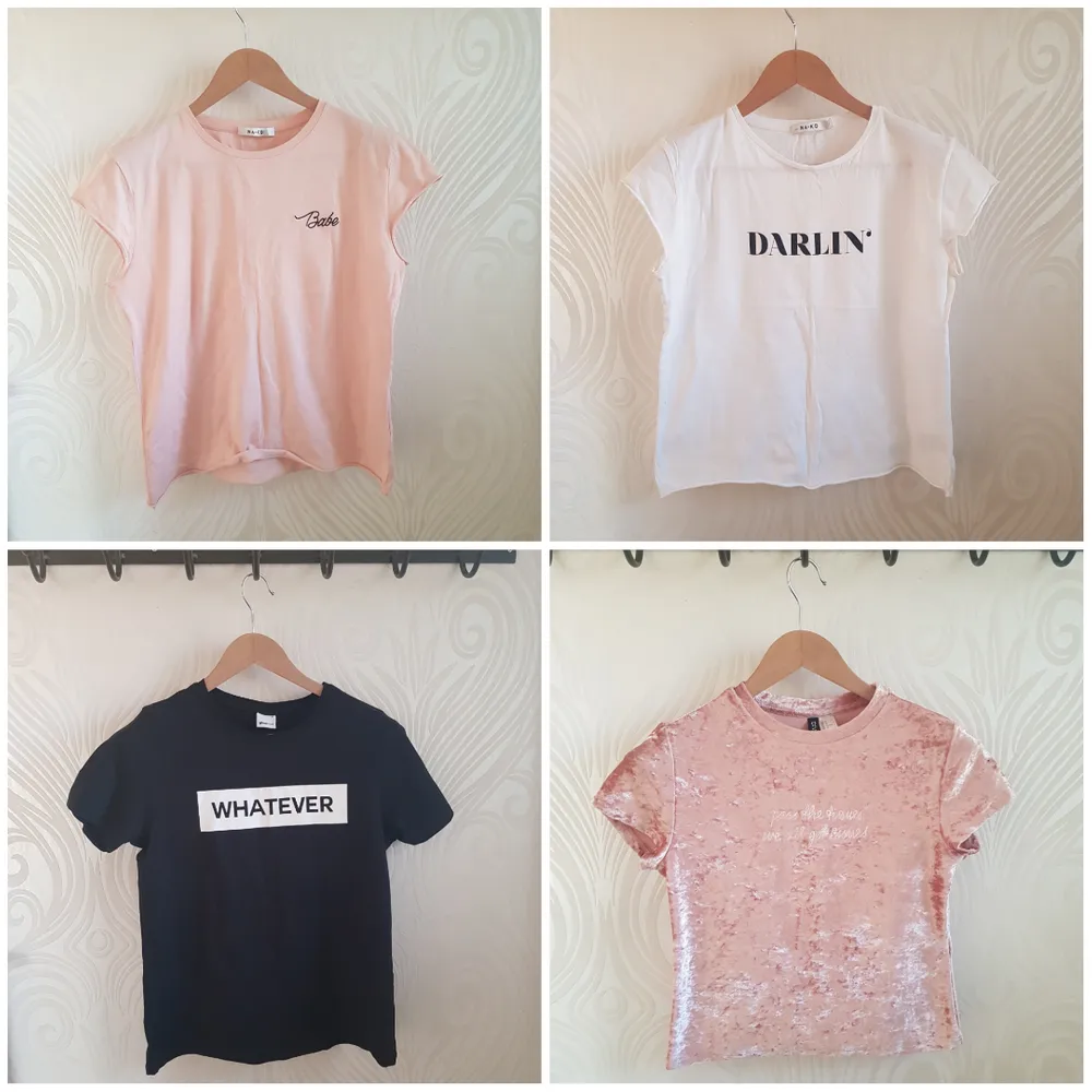4 tshirts that fit S and M. Two of them are never used! (The black and the pink in velvet). Selling everyone for SEK 120 EXCLUSIV shipping - you have to pay shipping yourself. If you want to buy one you can get it for 50kr =). T-shirts.