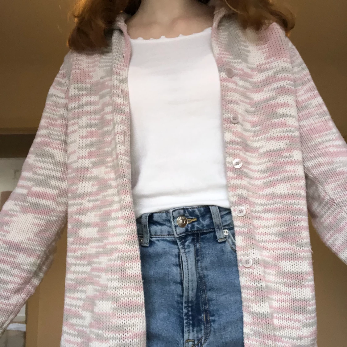 Rosa och grå stickad kofta - 90
