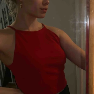  - En röd topp med fin skurning. Sitter jättefint vid halsen. Köpt från bikbok. Storlek L men jag som vanligtvis har M tycker den sitter jättefint på.   Tvättas och stryks innan säljs