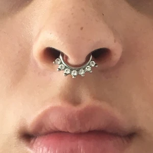  - Två silvriga fakeseptums med stenar, superfint skick, använda max 2 gånger. Tvättar alla smycken med bakteriedödande innan jag skickar. 