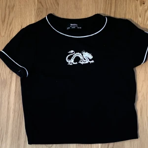 Croptop från bershka - Supercool croptop med drak motiv från bershka, frakt tillkomemr på 30 kr. Slutar precis innan naveln på mej, är 173.