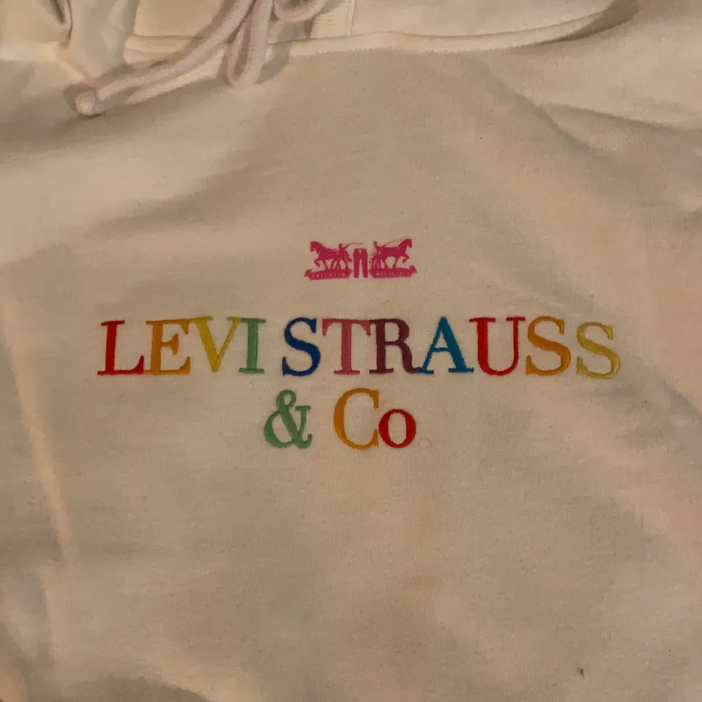 Vit levi’s hoodie med multicoloured bokstäver framtill. Lätt oversized passform. Ca. 5 månader gammal, aldrig använd. (Nypris: 799kr). Hoodies.