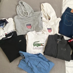Hoddies, sweatshirts, jeans & sweatpants  - Tommy hillfiger XS, Lacoste svart XS, Lacoste vit 14 yrs, Gand hoddie vit XS, grå S, Aramani jacket 160 cm  (14 year), skjorta Holister XS, Hugo sweatpants S (kort modell), Levis jeans (oanvända) 16 yrs. Vid köp av allt 1000kr  (eller 150 kr-  200kr/st.  LACOSTE SÅLD. TOMMY SÅLD. 