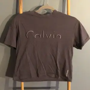 Kroppad T-shirt från Calvin Klein med lite högre krage i storlek xs. Använd men i bra skick. Liten slitning på bokstaven ( bild). 