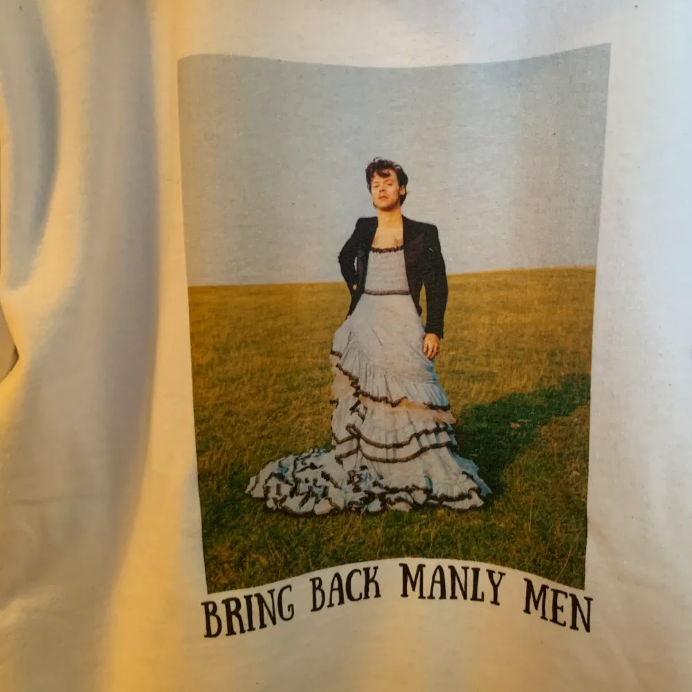 Egendesignade denna hoodien med Harry styles tryck på och texten ”Bring back manly men” i svart. Endas provad då den visade sig vara för liten och måtten på hemsidan inte stämde :( Storlek XL men är själv XL och skulle säga den är i L/M  (buda i kommentarerna) . Hoodies.