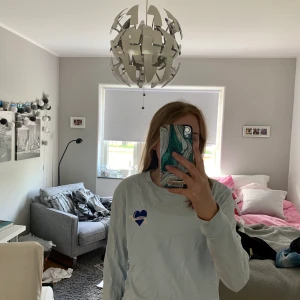 Ljusblå collegetröja  - Säljer en collegetröja från hm, ljusblå med mörkblå tryck på framsidan i form av hjärta och en text på baksidan 