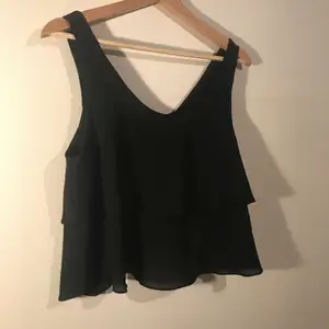 Black crop top ruffled blouse. The back of the blouse is really pretty. The tag says M but since it’s a crop top it fits like a normal blouse as I wear a small. 