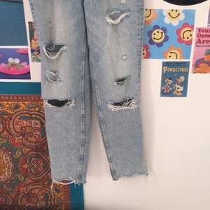 Mom jeans från H&M i storlek 32 skulle nog kunna passa 34😽  HUND OCH KATT I HEMMET🐶😸  riktigt coola hål asså! 
