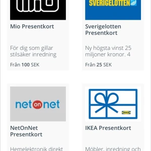Presentkort - 700kr på Gogift.com som gäller på typ alla affärer, Ikea åhlens osv. Säljs för 650.