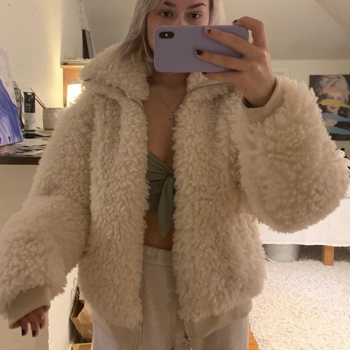 Vit/beige teddyjacka - 90