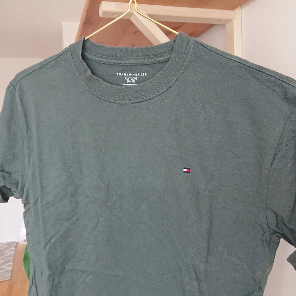 Grön t-shirt från Tommy Hilfiger i använt men bra skick! Står XL som storlek i den men den är snarare i storlek M. . T-shirts.