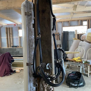 Läder grimma - Säljer lädergrimma storlek ponny svart läder, väldigt fint skick men lite rost på metallen 