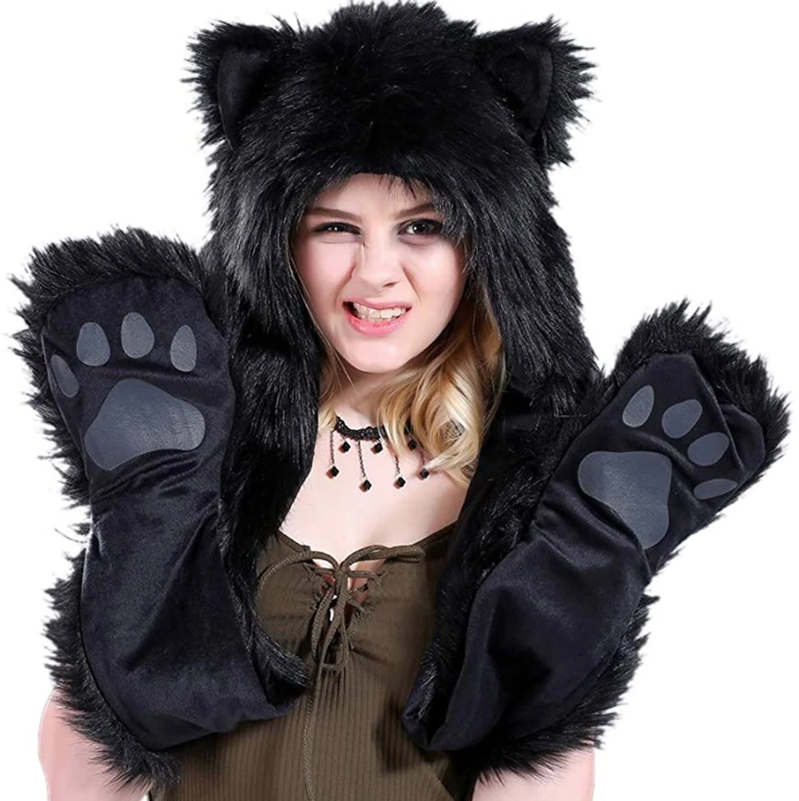 Färgglad mössa med tassar och öron - 90